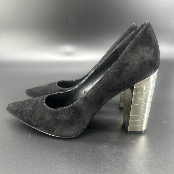 Nine West Zealand Womens 8.5M Black Suede Pointed Toe Dress Pumps Chrome Stacked - Picture 2 of 9